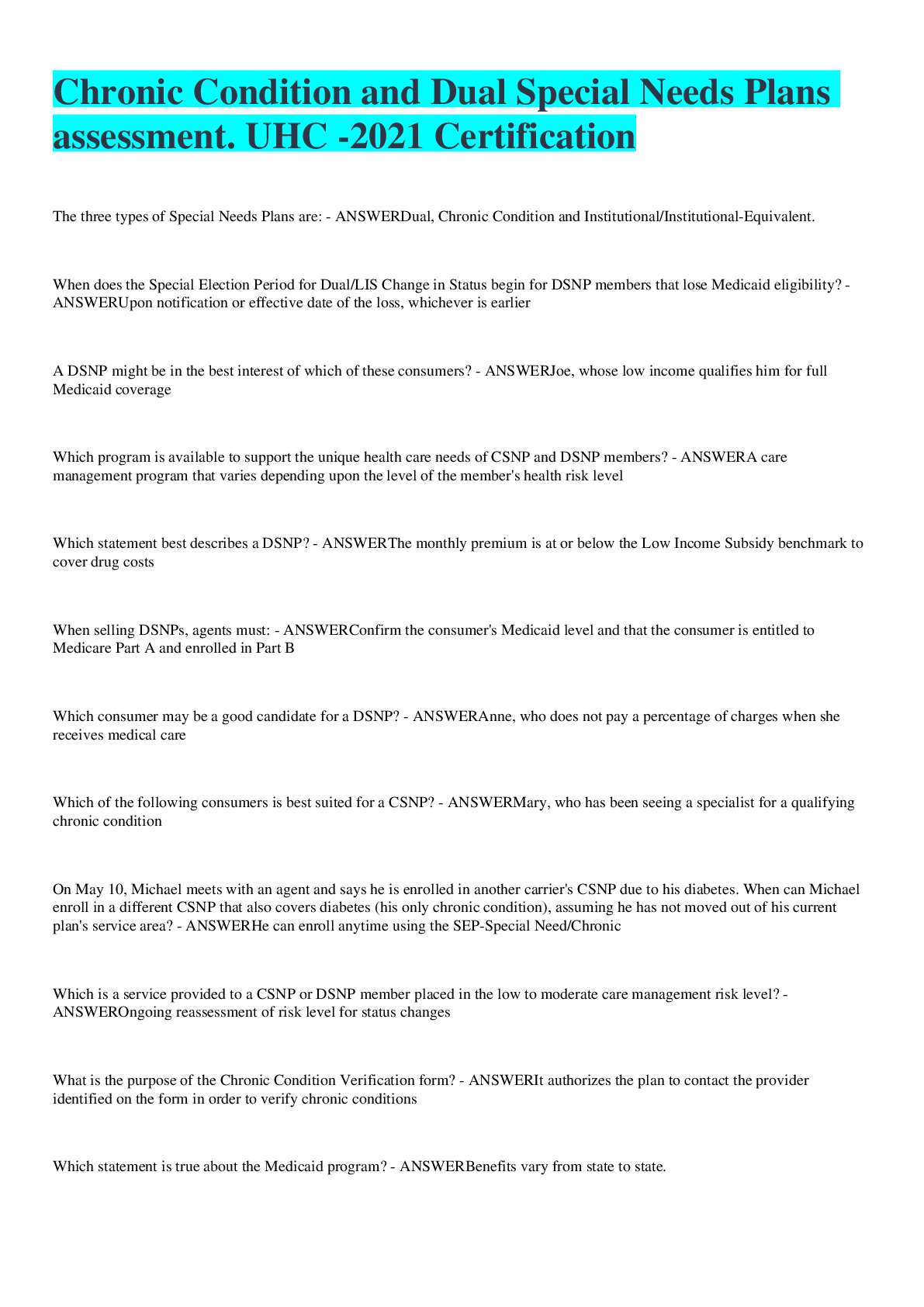 Preview image for Chronic Condition and Dual Special Needs Plans assessment. UHC -2021 Certification